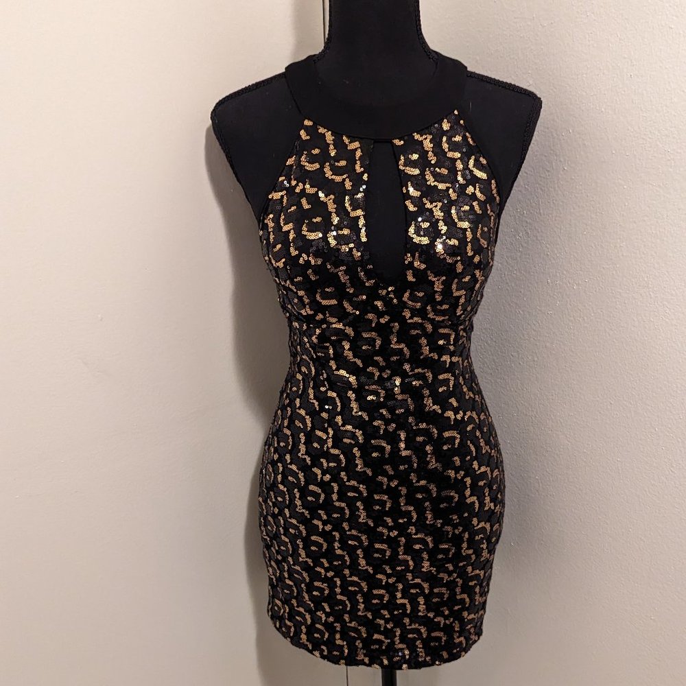 A'GACI  Black/Gold Sequin Front Peephole Mini Dress